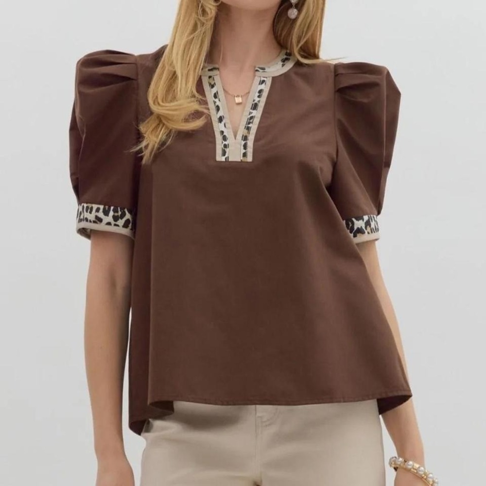Entro‎  Womens Top Brown Leopard Trim Cotton Sz Small Puff Sleeves